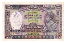 India 1000 Rupees 1937 (ND)
P# 21b, # A6 288022; Calcutta stamp. Rare condition; VF-XF