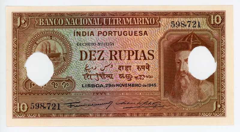 Portuguese India 10 Rupias 1945 Cancelled Note
P# 36, N# 215921; #598721; UNC