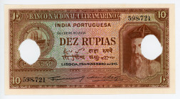 Portuguese India 10 Rupias 1945 Cancelled Note
P# 36, N# 215921; #598721; UNC