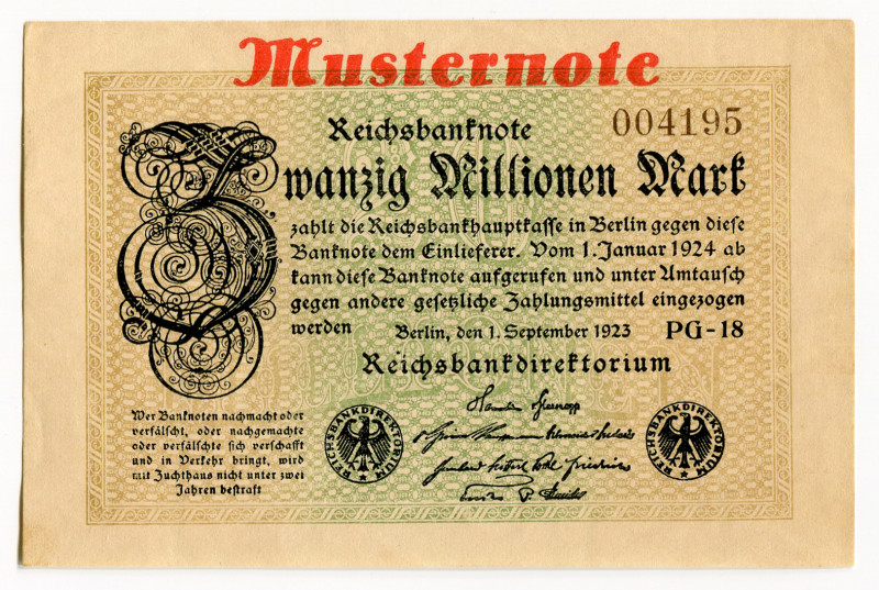 Germany - Weimar Republic 20 Milliones Mark 1923 Specimen
P# 108c, N# 206181; #...