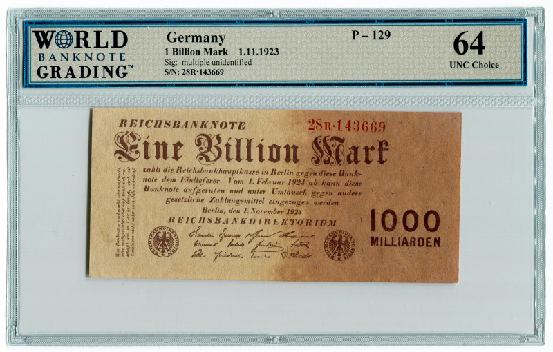 Germany - Weimar Republic 1 Billion Mark 1923 WBG 64
P# 129, N# 208798; # 14366...