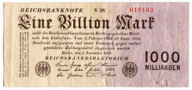 Germany - Weimar Republic 1 Billion Mark 1923
P# 129, N# 208798; # 018103; XF