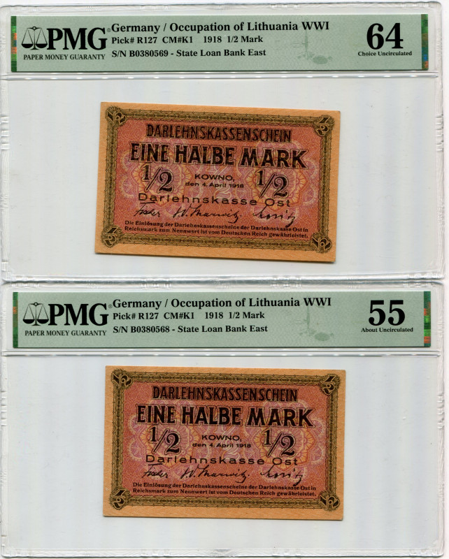 Germany - Empire 2 x 1/2 Mark 1918 PMG 55 - 64 Consecutive Numbers
P# R127, N# ...