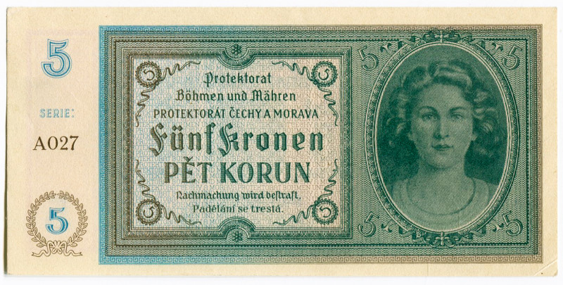 Bohemia & Moravia 5 Korun 1940 (ND)
P# 4a, N# 207302; UNC-