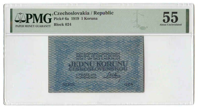 Czechoslovakia 1 Koruna 1919 PMG 55
P# 6a, N# 207298; # 024; AUNC