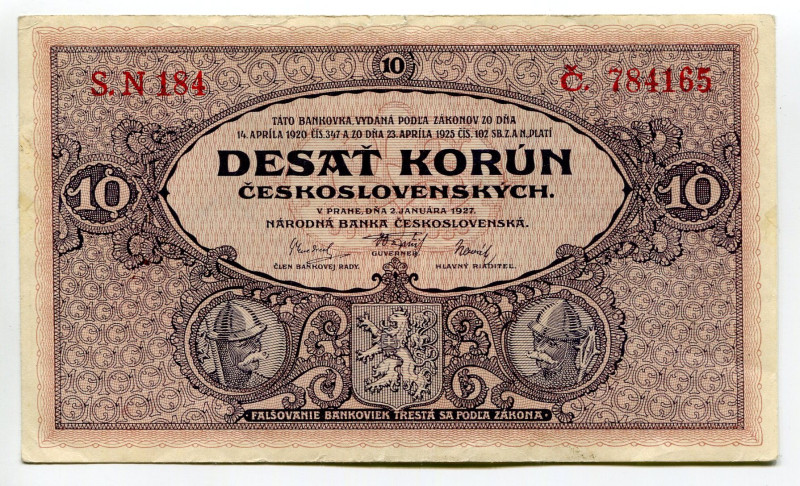 Czechoslovakia 10 Korun 1927
P# 20a, N# 207299; # 784165; UNC-