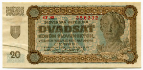 Slovakia 20 Korun 1942 Specimen
P# 7s, N# 268622; # 356232; UNC-