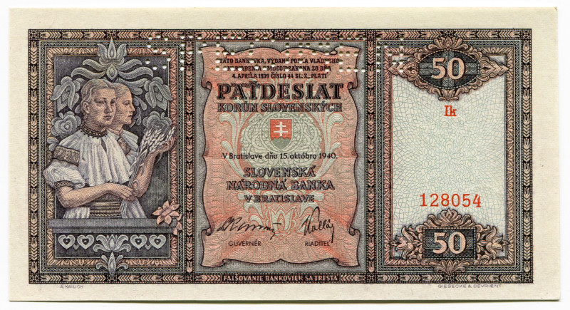 Slovakia 50 Korun 1940 Specimen
P# 9s, N# 213101; # 128054; UNC