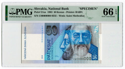 Slovakia 50 Korun 1993 Specimen PMG 66
P# 21as, N# 207334