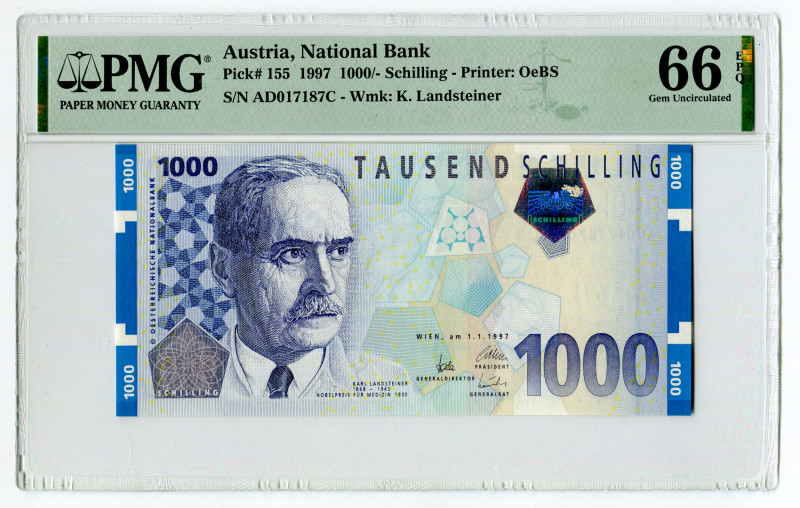 Austria 1000 Schilling 1997 PMG 66 EPQ
P# 155, N# 216581; # AD017187C; UNC