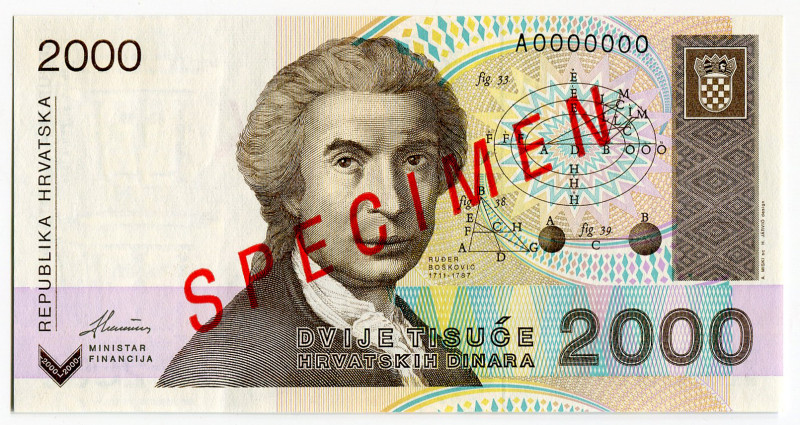 Croatia 2000 Dinara 1992 Specimen
P# 23s, N# 203366; # A0000000; UNC