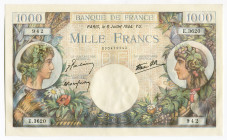 France 1000 Francs 1944
P# 96c, N# 205783; # E.3620 942 090479942; UNC