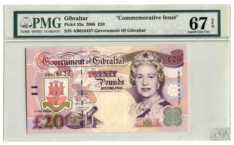 Gibraltar 20 Pounds 2006 PMG 67 EPQ
P# 33a, N# 218288; # AB018437; UNC