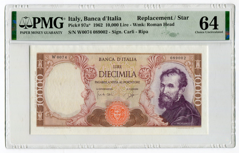 Italy 10000 Lire 1962 PMG 64 Replacement
P# 97a*, N# 203654; # W0074 089002; UN...