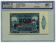 Luxembourg 20 Francs 1929 Specimen WBG 65
P# 37s, N# 245326; UNC