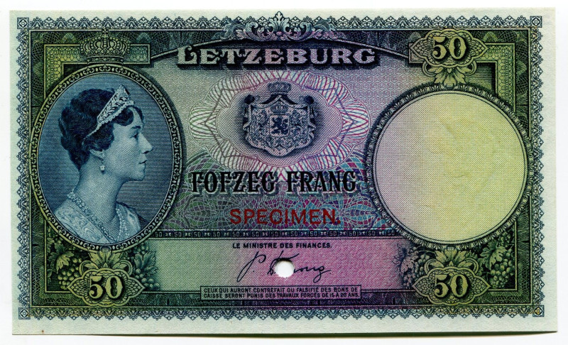 Luxembourg 50 Francs 1944 (ND) Color Trial
P# 45ct, UNC
