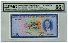 Luxembourg 500 Francs 1963 Specimen PMG 66
P# 52As, N# 213696; UNC