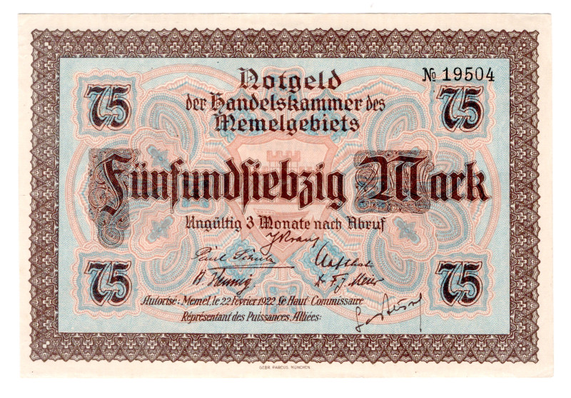 Memel 75 Mark 1922
P# 8, N# 204940; # 19504; UNC