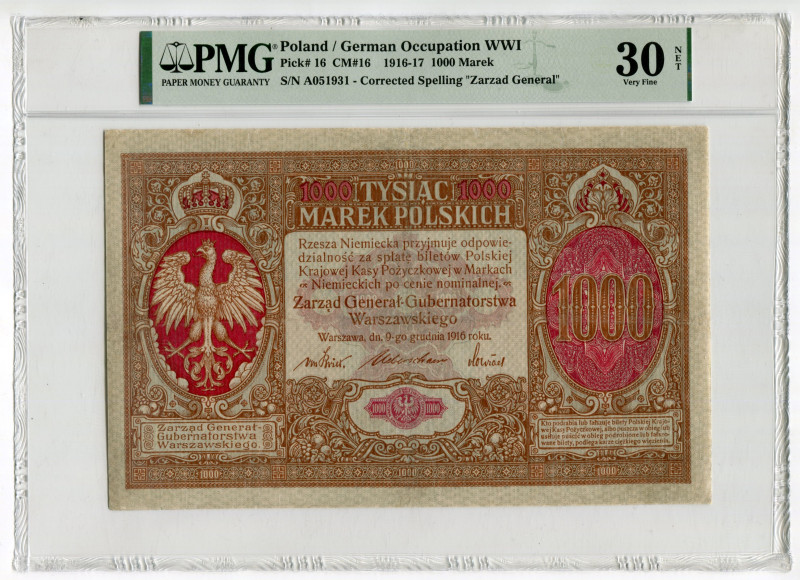 Poland 1000 Marek 1916 PMG 30 NET
P# 16, N# 344148; # A051931; Corrected Spelli...