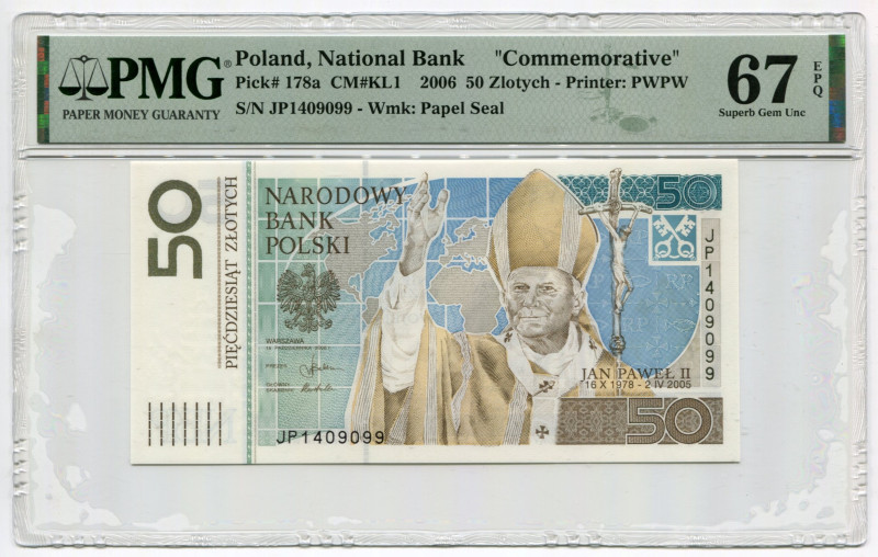 Poland 50 Zlotych 2006 PMG 67 EPQ
P# 178a, N# 202649; # JP1409099; Pope John Pa...