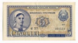 Romania 5 Lei 1952
P# 83b, N# 209834; # d57 561533; XF