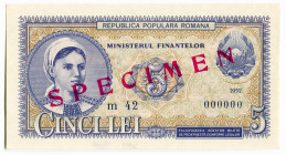 Romania 5 Lei 1952 Specimen
P# 83s, N# 209834; UNC