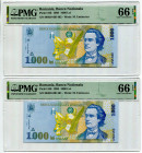 Romania 2 X 1000 Lei 1998 PMG 66 EPQ Consecutive Numbers
P# 106, N# 204595; # 004D4491401 - 004D4491402; UNC