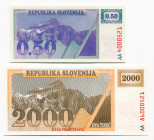 Slovenia 0,5 & 2000 Tolarjev 1990
P#1A, 9A, # AA4000521, AA86000521; In Original Folder; Only 1000 pcs printed for collectors, not issued; UNC