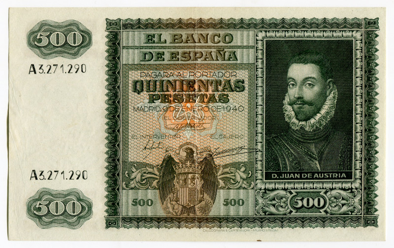 Spain 500 Pesetas 1940
P# 119a, N# 207779; # A327290; XF