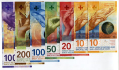 Switzerland Lot of 7 Banknotes 2015 - 2020 (ND)
P# 75a, 75b, 76a, 77a, 78a, 79b, 80c, 10 - 10 - 20 - 50 - 100 - 200 - 1000 Francs; UNC
