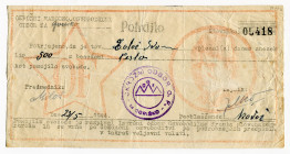 Yugoslavia Gorisko Check for 500 Lir 1944
P# S162, # 05418; VF