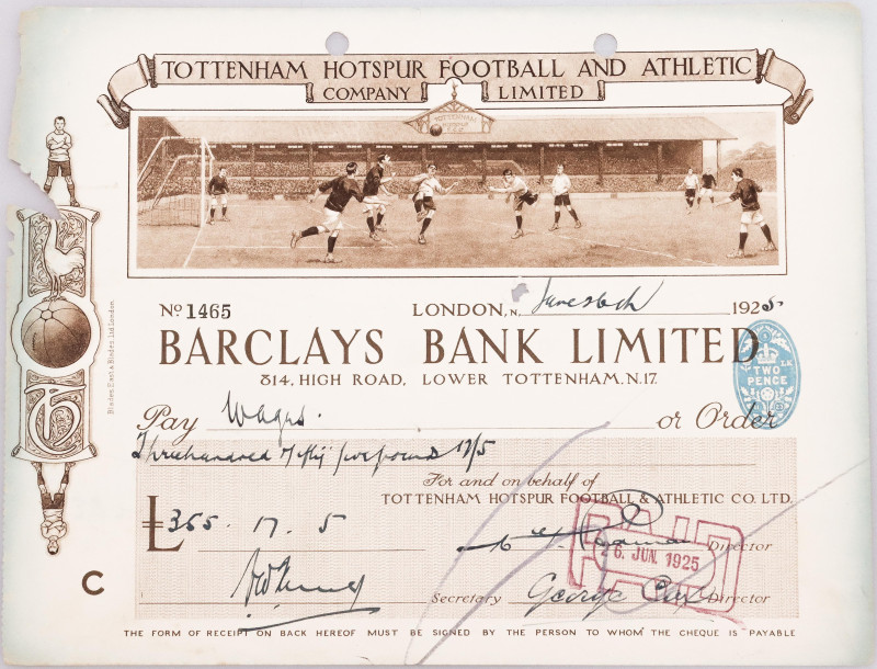 Great Britain Tottenham Hotspur Football and Athletic Co Ltd London Cheque for £...