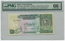 Qatar 10 Riyals 1996 (ND) PMG 66 EPQ
P# 16b, N# 215412; # D/28 006811; UNC