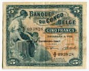 Belgian Congo 5 Francs 1947
P# 13Ad, N# 220630; # A/V 093828; VF