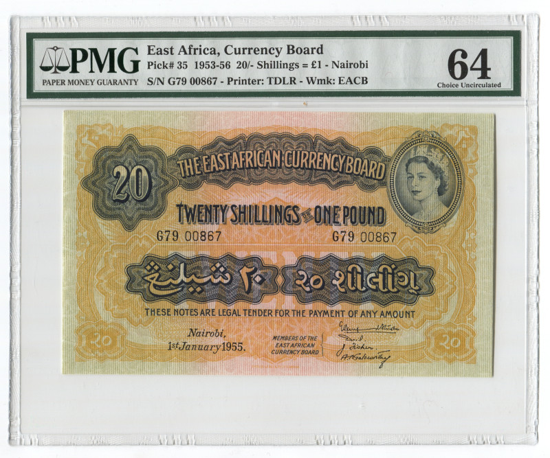 East Africa 20 Schillings = 1 Pound 1955 PMG 64
P# 35, N# 216748; # G79 00867; ...