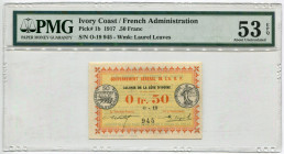 Ivory Coast 50 Centimes 1917 PMG 53 EPQ
P# 1b, N# 270783; # O-19 945; French Administration; AUNC