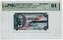 Malawi 5 Shillings 1964 Specimen PMG 64
P# 1s, N# 271475; #A000000; UNC