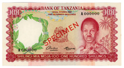 Tanzania 100 Shillings 1966 (ND) Specimen
P# 4s, N# 287434; # A000000; Masai herdsman with animals; AUNC