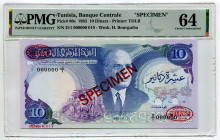 Tunisia 10 Dinars 1983 Specimen PMG 64
P# 80s, N# 208939; #D/1 000000 019; UNC