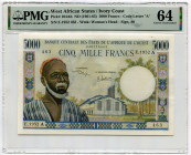 West African States Ivory Coast 5000 Francs 1961 - 1965 (ND) PMG 64 Choice Uncirculated
P# 104Ah, N# 270767; # E.1952 463