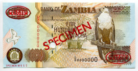 Zambia 500 Kwacha 1992 Specimen
P# 39s, N# 204160; # 012; UNC