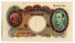 Barbados 1 Dollar 1943
P# 2b, N# 206953; # B/J998724; VF