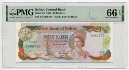 Belize 20 Dollars 1983 PMG 66 EPQ
P# 45, N# 276388; # T/4 696755; UNC