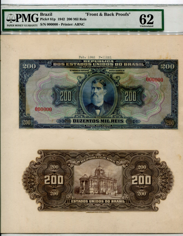 Brazil 200000 Reis 1942 Front & Back Proofs PMG 62 Uncirculated
P# 81p, N# 2200...