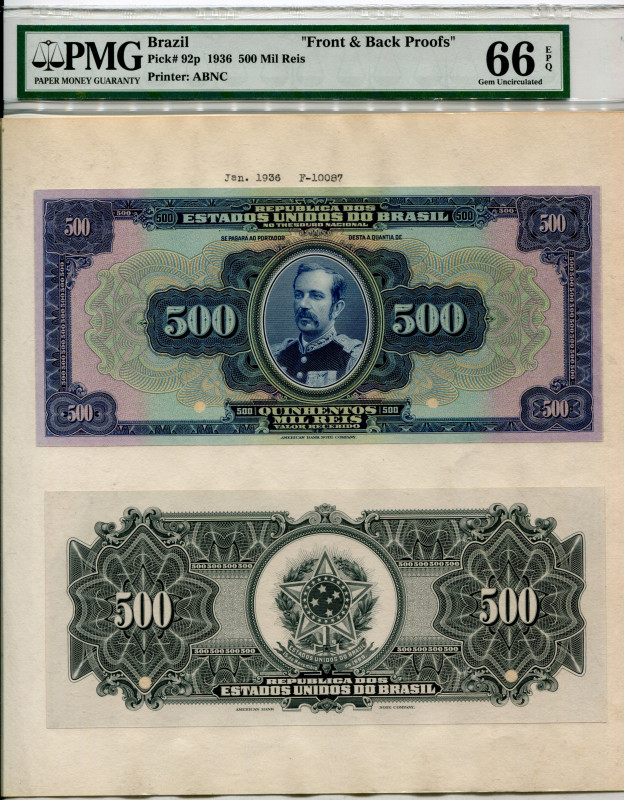 Brazil 500000 Reis 1936 Front & Back Proofs PMG 66 Gem Uncirculated EPQ
P# 92p,...