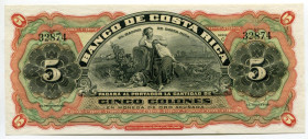 Costa Rica 5 Colones 1901 - 1908 Reminder
P# S173r, # С 32874; Banco de Costa Rica; UNC