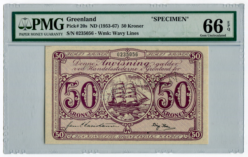 Greenland 50 Kroner 1953 - 1967 (ND) Specimen PMG 66 EPQ
P# 20s, N# 301844; # 0...