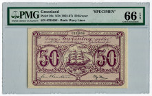 Greenland 50 Kroner 1953 - 1967 (ND) Specimen PMG 66 EPQ
P# 20s, N# 301844; # 0235056; UNC