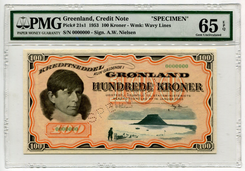 Greenland 100 Kroner 1953 Specimen PMG 65 EPQ 
P# 21s1, N# 301843; # 0000000; U...