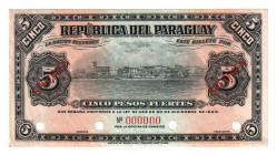Paraguay 5 Pesos 1920 Specimen
P# 143s, # 000000; AUNC